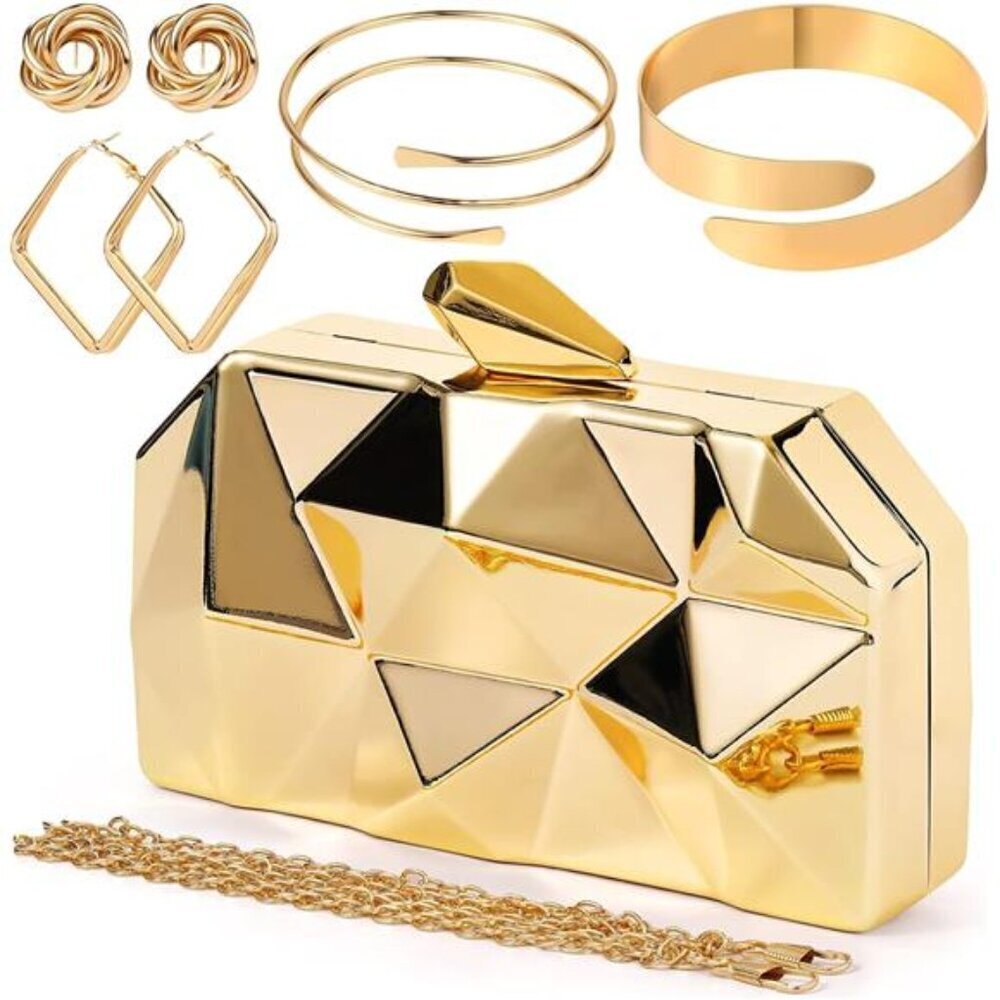 Clutch Purse for Women With Gold Earrings, Bracelet Sets With Geometrical Clutch